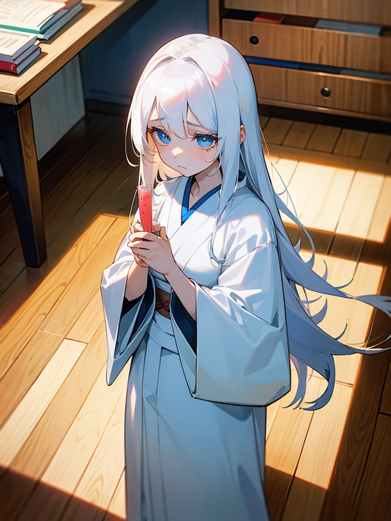 Young girl, 8yo, long white hair, wearing white kimono, blue colored eyes, holding a porcelain cup with watermelon juice inside, is in an 80s style office, books around, wood floor, Grieving, sad, pale skin, sickened appearance