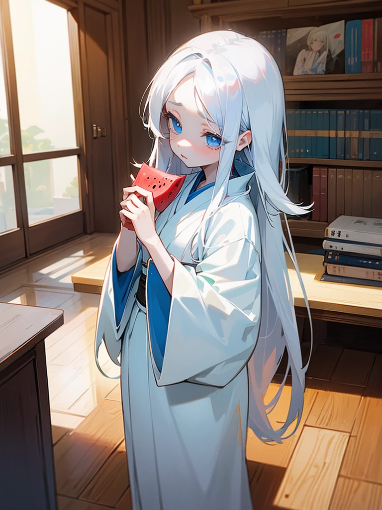 Young girl, 8, long  white hair, wearing white kimono, blue colored eyes, holding a porcelain cup with watermelon juice inside, is in an 80s style office, books around, wood floor, Grieving, sad, pale skin, sickened appearance