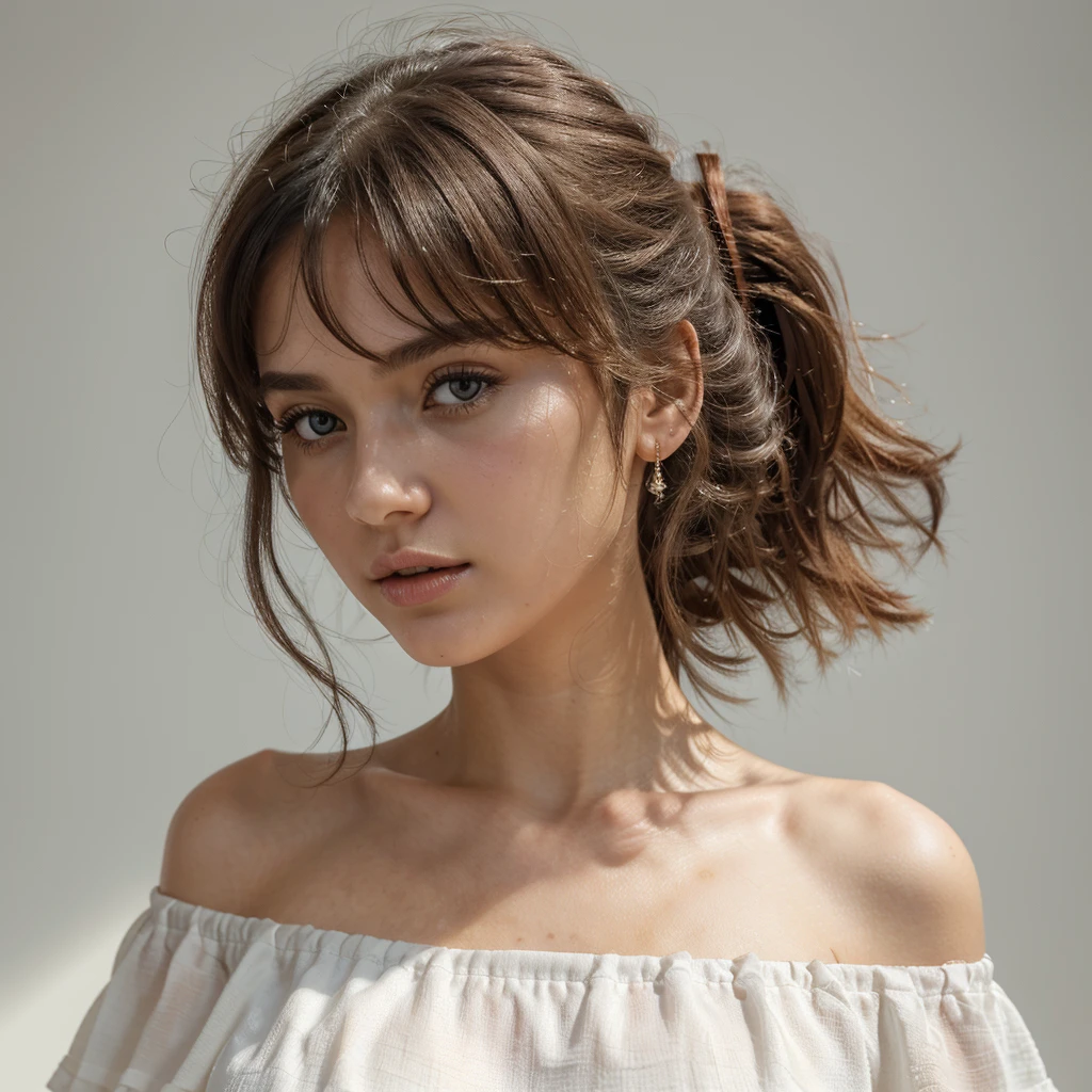 Cute woman in white shirt, depth of field, darkness, messy hair, Perfect face, Dark, evening, grainy, seductive smile, Closed eyes