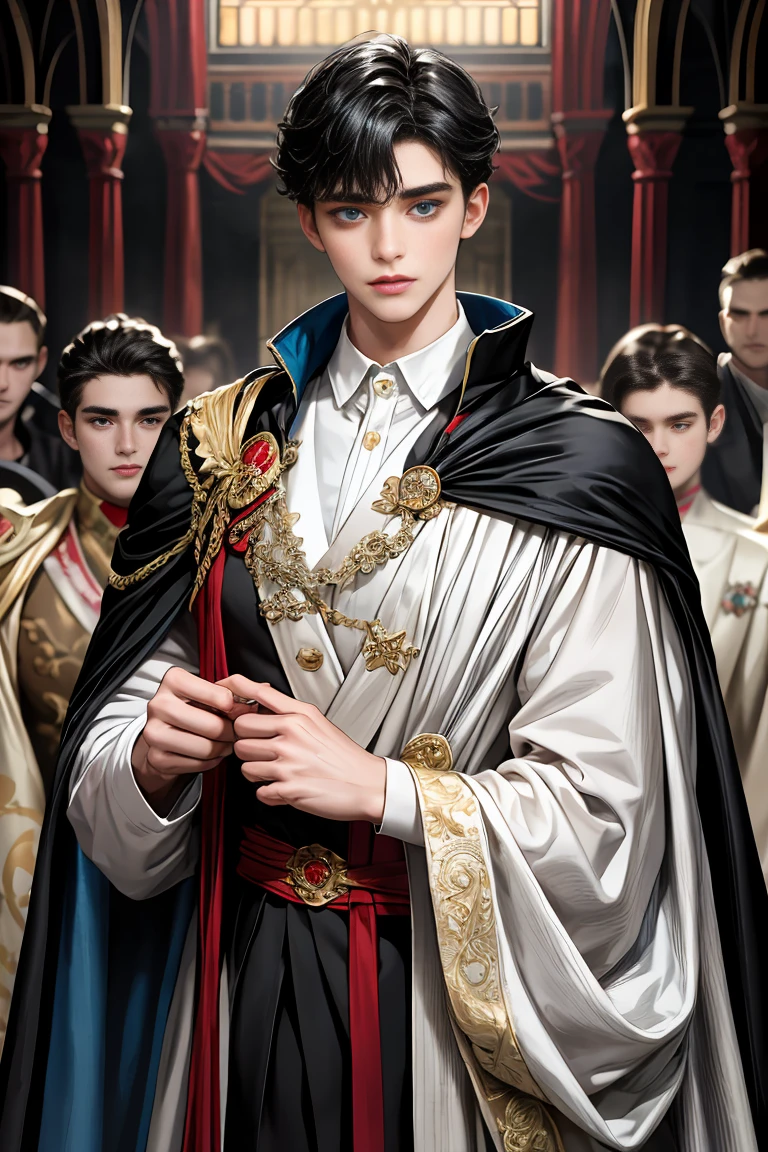 masterpiece, 最high quality, high quality, 1 boy, alone, Male focus, Watching the audience, Messy black hair, Adorable big blue eyes, White people, Noble, Noble,Sexy voluminous cape、vampire、A very voluminous, large, very large, very large, long, long red and black cape with a high stand-up collar, made of a lot of fabric that reaches down to the floor., ,Cute beautiful boys,Cute, cute, kind, handsome guy