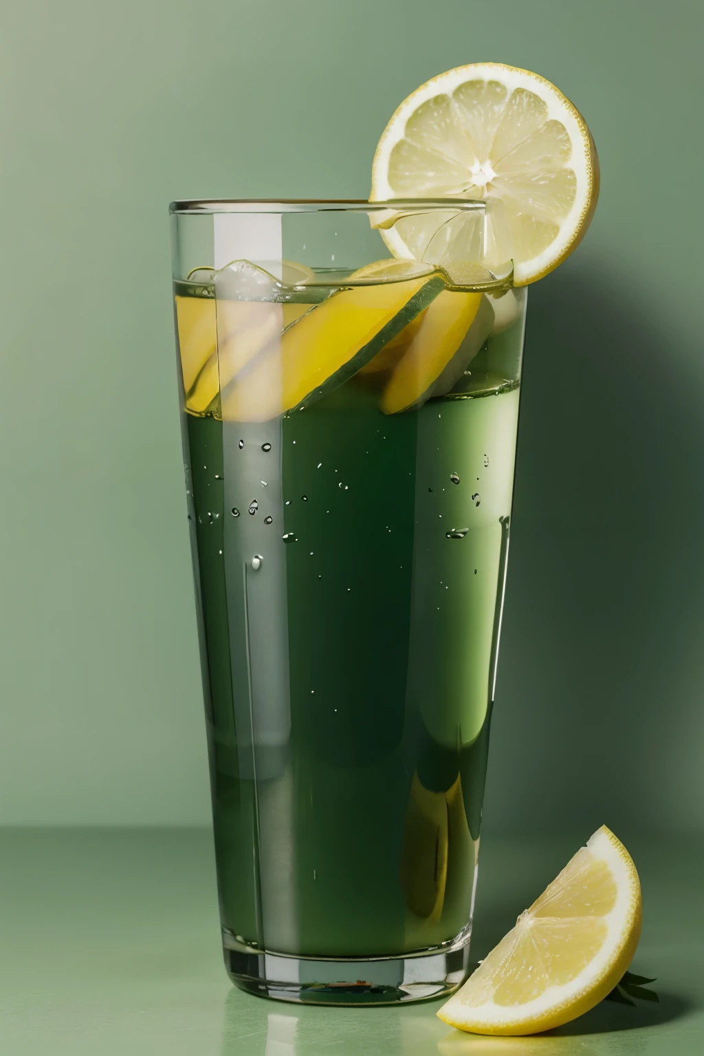  elegant lemon juice, on a strong green background, with well-defined shadows, image for product sales and promotion. Professional image with differentiation