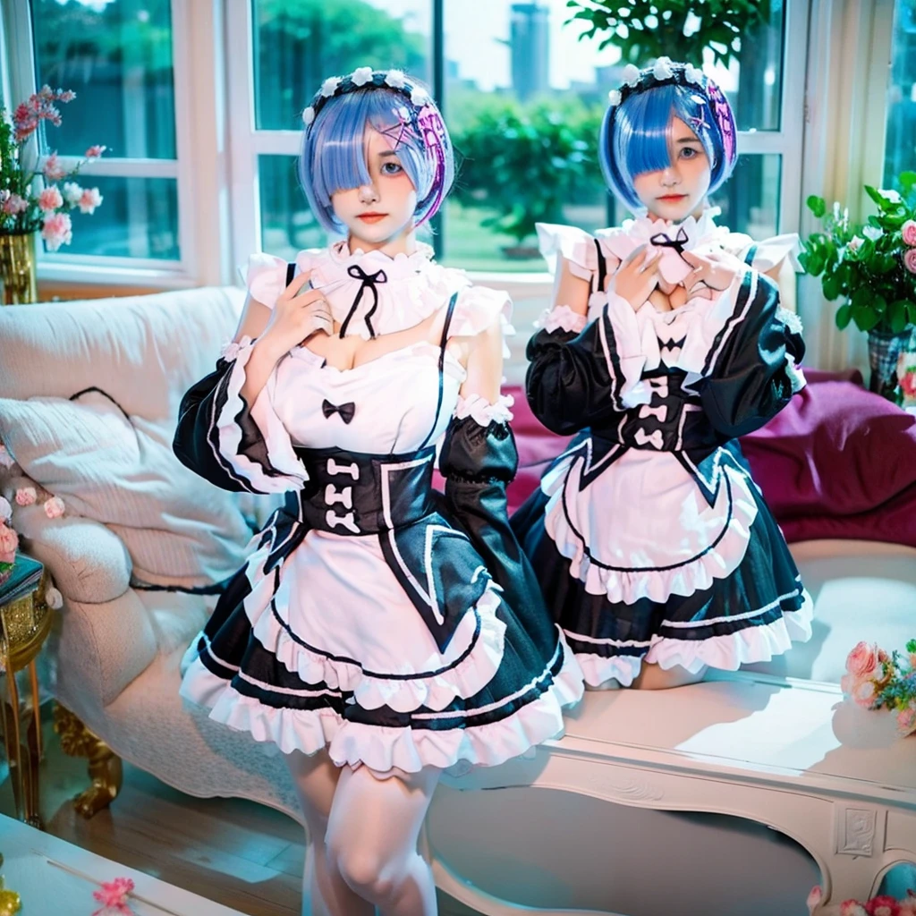 R_E_M, 1girl,(beautiful face:1.25) short blue hair, blue eyes, hair over one eye, hair ornament, pink hair ribbon, rem's maid uniform, detached sleeves,  upper body, standing,indoors, living room, sofa, tables, window