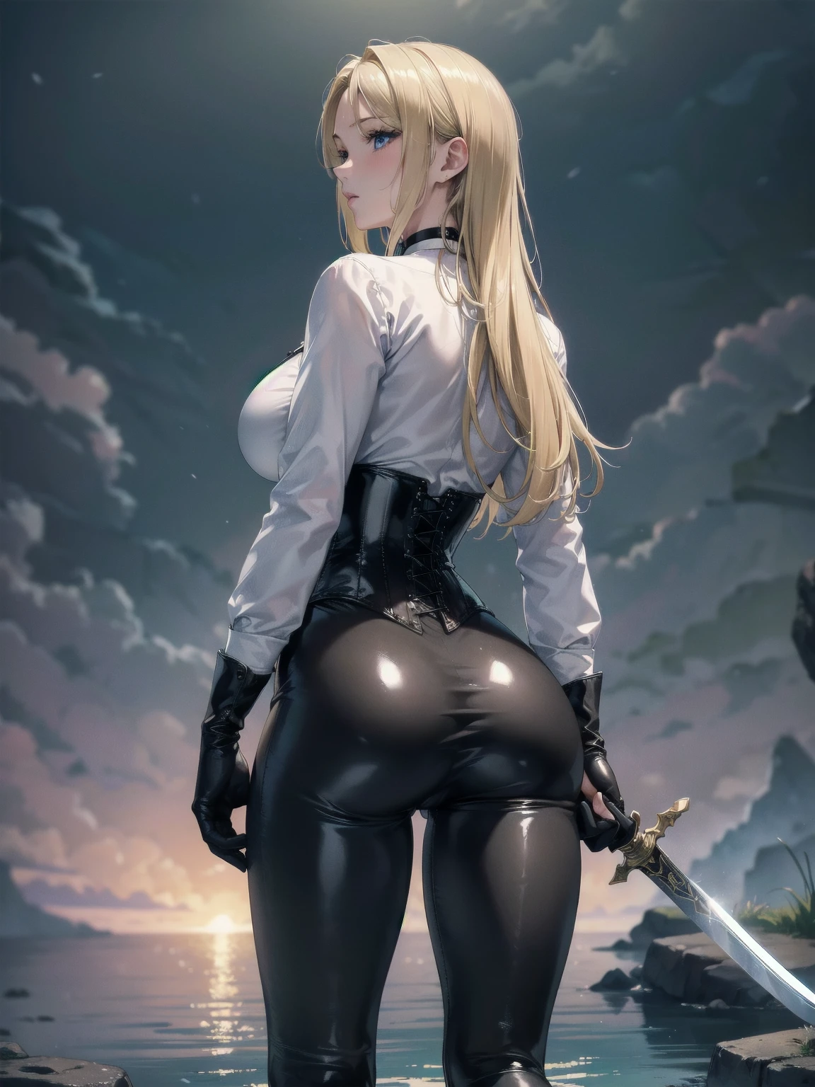 Masterpiece, Superior image quality, high resolution, 4k image,photo and gross, photorealistic, whole body, distant view, 1 young blonde of 15 years, {{{vagina}}}, view from behind, perfect ass, big breasts, beautiful face, Long blonde hair, blue eyes, very detailed eyes, pink cheeks, shy expression, choker:1.6, (white collar button down long sleeve shirt), black gloves, gloves that cover hands, (holding a sword in his right hand), (black leather corset), (shiny black leggings), Sensual Lips, show details in the eyes, stop on the shore of a lagoon, gloomy lagoon, at night, Atmosphere, fog