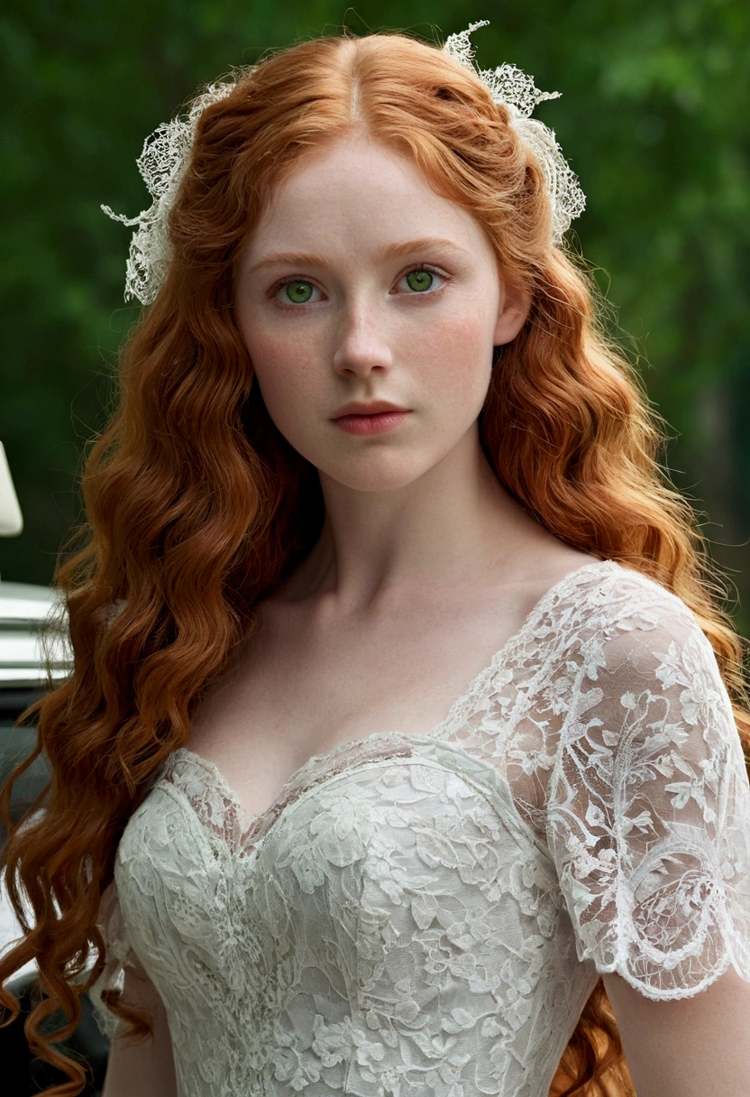 A girl, 20 years, redhead, wavy hair, very long hair, of collections, pale white skin, green eyes, small roof rack, small nose, nose turned up, round face, split chin, Small ears, in a white lace dress, 16k, highres, best quality, award winning, high details, textured skin, super detail, anatomically correct, masterpiece