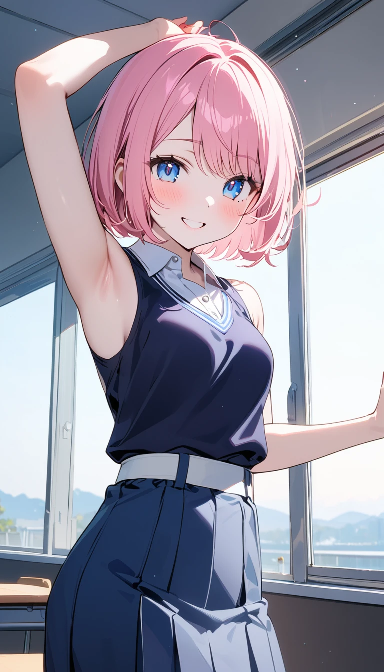 (1 girl),(Best Picture Quality, 8K, Masterpiece:1.3), (high school student:1.5), ((pink lob hair:1.1)), (bob cut),(swept bangs), (cute eyes, pupil black, iris skyblue, youthful face), (mole under right eye), (standard weight), (small breasts), (glistening skin:1.1),(pale skin:1.2),((showing armpits)),((Minimalist fashion)),(magnificent view),(Smile),(classroom),