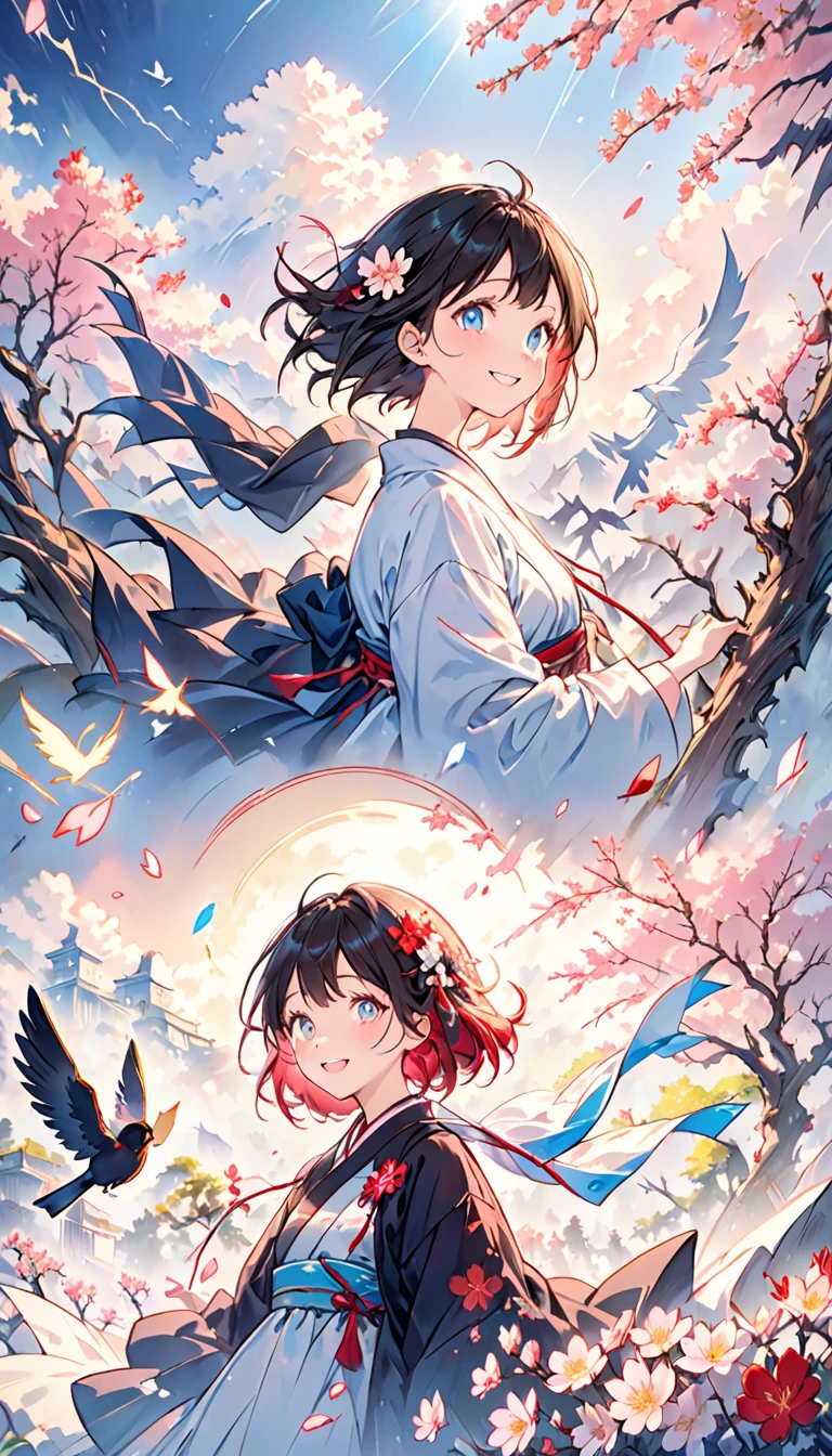 Left Half (Happiness)

Background:

	•	A flower field under a bright blue sky and radiant sun
	•	Birds flying and butterflies fluttering
	•	Cheerful cherry blossom trees and smiling children with vibrant colors

Expression:

	•	A gentle smile
	•	Bright, sparkling eyes
	•	Healthy rosy cheeks
	•	A naturally relaxed expression

Right Half (Madness)

Background:

	•	A dark forest or desolate landscape
	•	Black storm clouds and lightning
	•	Ruined buildings and charred trees

Expression:

	•	Eyes wide open with dilated pupils
	•	A manic grin
	•	Sunken cheeks and pale complexion
	•	A faint, eerie smile

Creating Cohesion

	•	Emphasize the contrast between the left and right halves through light and dark color schemes.
	•	Use a gradient in the middle to blend the two emotions seamlessly.
	•	Include a boundary line in the center to distinctly separate the two worlds.The left and right sides are separate, separated by a center line.、Light and shadow、Happiness and insanity are completely separate、Concept Art、Cowboy Shot、Lens flare