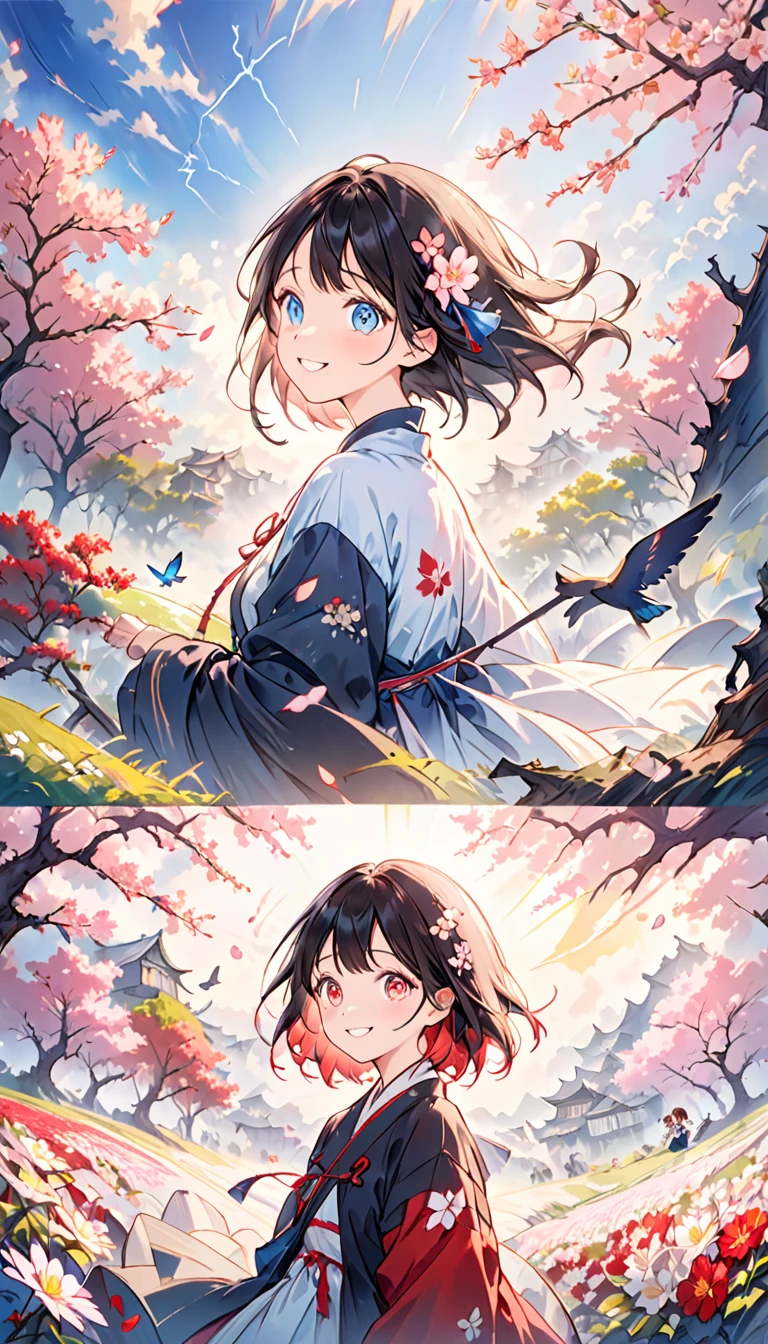 Left Half (Happiness)

Background:

	•	A flower field under a bright blue sky and radiant sun
	•	Birds flying and butterflies fluttering
	•	Cheerful cherry blossom trees and smiling children with vibrant colors

Expression:

	•	A gentle smile
	•	Bright, sparkling eyes
	•	Healthy rosy cheeks
	•	A naturally relaxed expression

Right Half (Madness)

Background:

	•	A dark forest or desolate landscape
	•	Black storm clouds and lightning
	•	Ruined buildings and charred trees

Expression:

	•	Eyes wide open with dilated pupils
	•	A manic grin
	•	Sunken cheeks and pale complexion
	•	A faint, eerie smile

Creating Cohesion

	•	Emphasize the contrast between the left and right halves through light and dark color schemes.
	•	Use a gradient in the middle to blend the two emotions seamlessly.
	•	Include a boundary line in the center to distinctly separate the two worlds.The left and right sides are separate, separated by a center line.、Light and shadow、Happiness and insanity are completely separate、Concept Art、Cowboy Shot、Lens flare