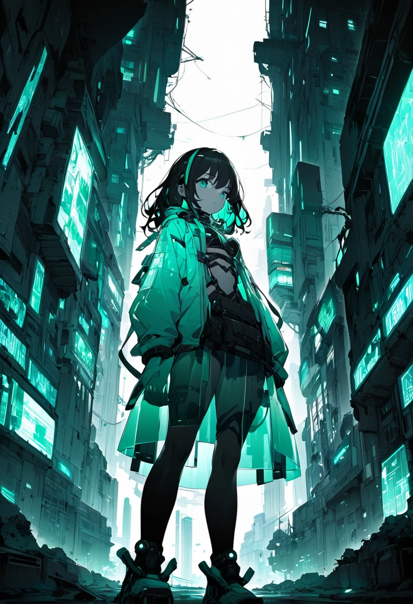 Monochrome Tiffany Blue, Highest quality, Super Fine, 16K, Unbelievably absurd, Very detailed, delicate and dynamic, pretty girl, Three-dimensional effect expressed through light and shadow, Eye-catching effect, modern art,Low - Angle、 Emerald green eyes、Part of the clothing is see-through、Cinematic angles、optical fiber、Connected Cord、Illuminated parts See-through parts、Cyberpunk cityscape, young woman with long black hair wearing an emerald green powered exosuit, standing in a contemplative pose amidst the neon-lit ruins, textured digital art with muted tones and subtle ambient noise, detailed and intricate illustration, dystopian and gritty yet beautiful, a glimmer of hope in the decay,Fish Girl in Sci-fi translucent mechanical bikini ++,The bikini is see-through and sparkly