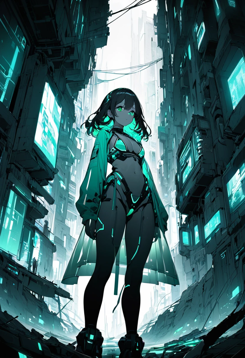 Monochrome Tiffany Blue, Highest quality, Super Fine, 16K, Unbelievably absurd, Very detailed, delicate and dynamic, pretty girl, Three-dimensional effect expressed through light and shadow, Eye-catching effect, modern art,Low - Angle、 Emerald green eyes、Part of the clothing is see-through、Cinematic angles、optical fiber、Connected Cord、Illuminated parts See-through parts、Cyberpunk cityscape, young woman with long black hair wearing an emerald green powered exosuit, standing in a contemplative pose amidst the neon-lit ruins, textured digital art with muted tones and subtle ambient noise, detailed and intricate illustration, dystopian and gritty yet beautiful, a glimmer of hope in the decay,Fish Girl in Sci-fi translucent mechanical bikini ++,The bikini is see-through and sparkly