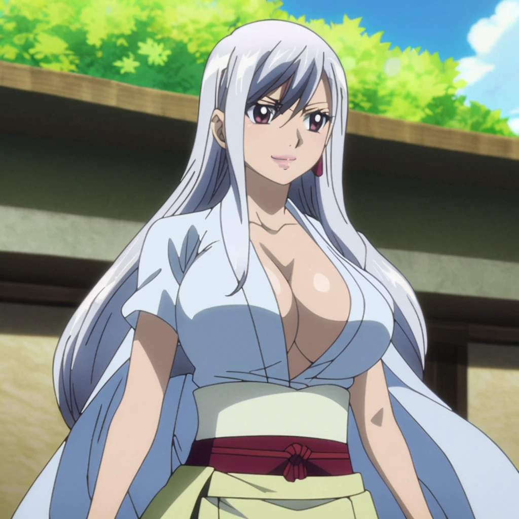 1girl, female, anime screen cap, erza from fairy tail, fairy tail anime artstyle , solo, long_hair, ((White_hair)), sunny, upper_body, smile, lips, (long hair) ((wearing Japanese Cloths)) breast, "very detailed and high resolution" ((solo)) (((front view))) (earings) ((high resolution)) ((good quality)) ((silky hair))