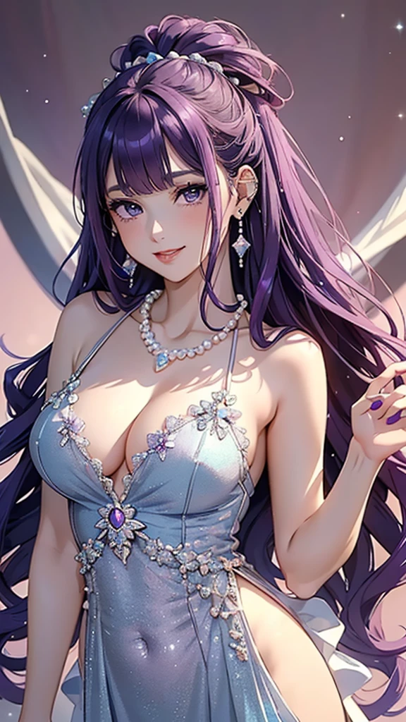 (((masterpiece, super high resolution, ultra HD, 8K quality))), (((woman in light blue evening dress / revealing dress))), (((purple hair, french updo))), (((beautiful sparkling purple eyes, pupils with highlights))), ((blunt bangs)), pink lips, sexy expression, ((highly detailed)), (perfectly detailed face), (detailed and carefully drawn hands), (((very large breasts, cute smile))), photorealistic image, silver earrings, pearl necklace, jade bangle, diamond ring
