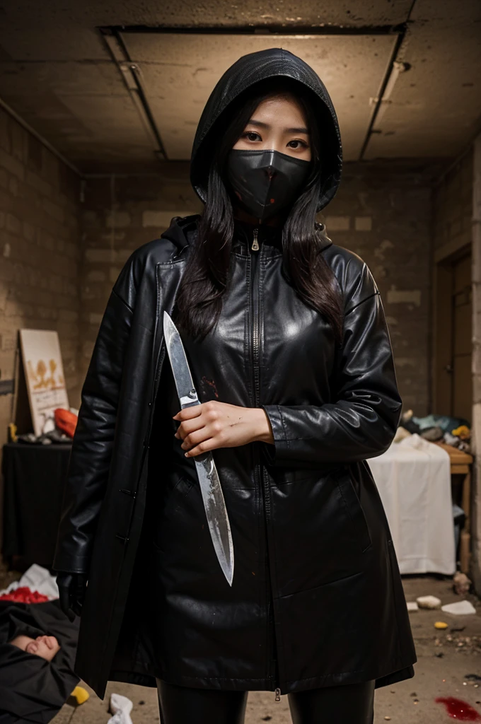 korean girl, (behind corpse, surgical mask), holding knife, stabbing, black leather gloves, room full of blood, woman on top, black trench coat, hood up, holding knife, black gloves, behind corpse, blood splatter, black wet suit, very long hair, night, mass murderer, robbery, underground,