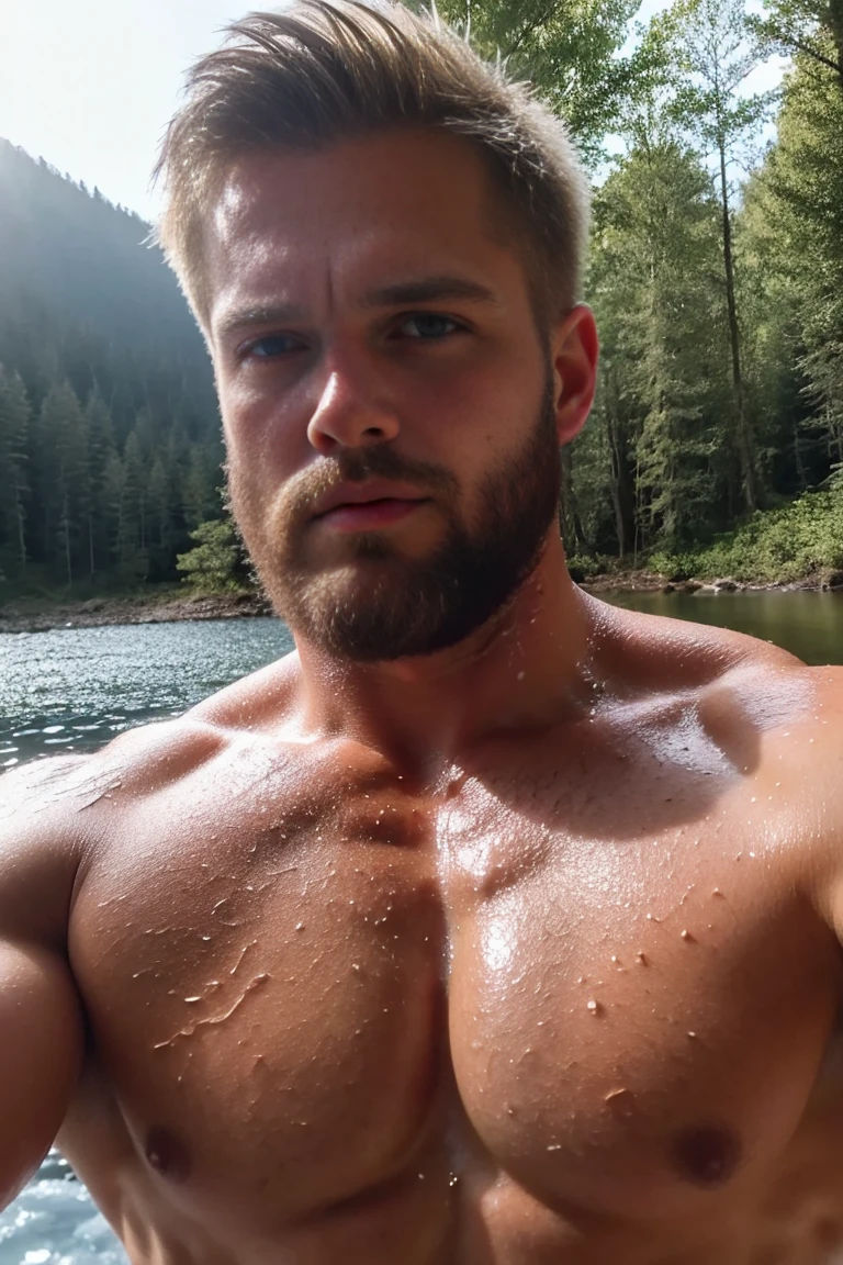 Close-up of a shirtless, blond Canadian lumberjack, with his still wet body emerging from an icy lake. He has a stubble beard, shaggy blond hair and water droplets running down his toned chest and abs. Her intense blue eyes stare at the camera with a wild and seductive look. The dense, wild forest serves as a backdrop to this breathtaking view.