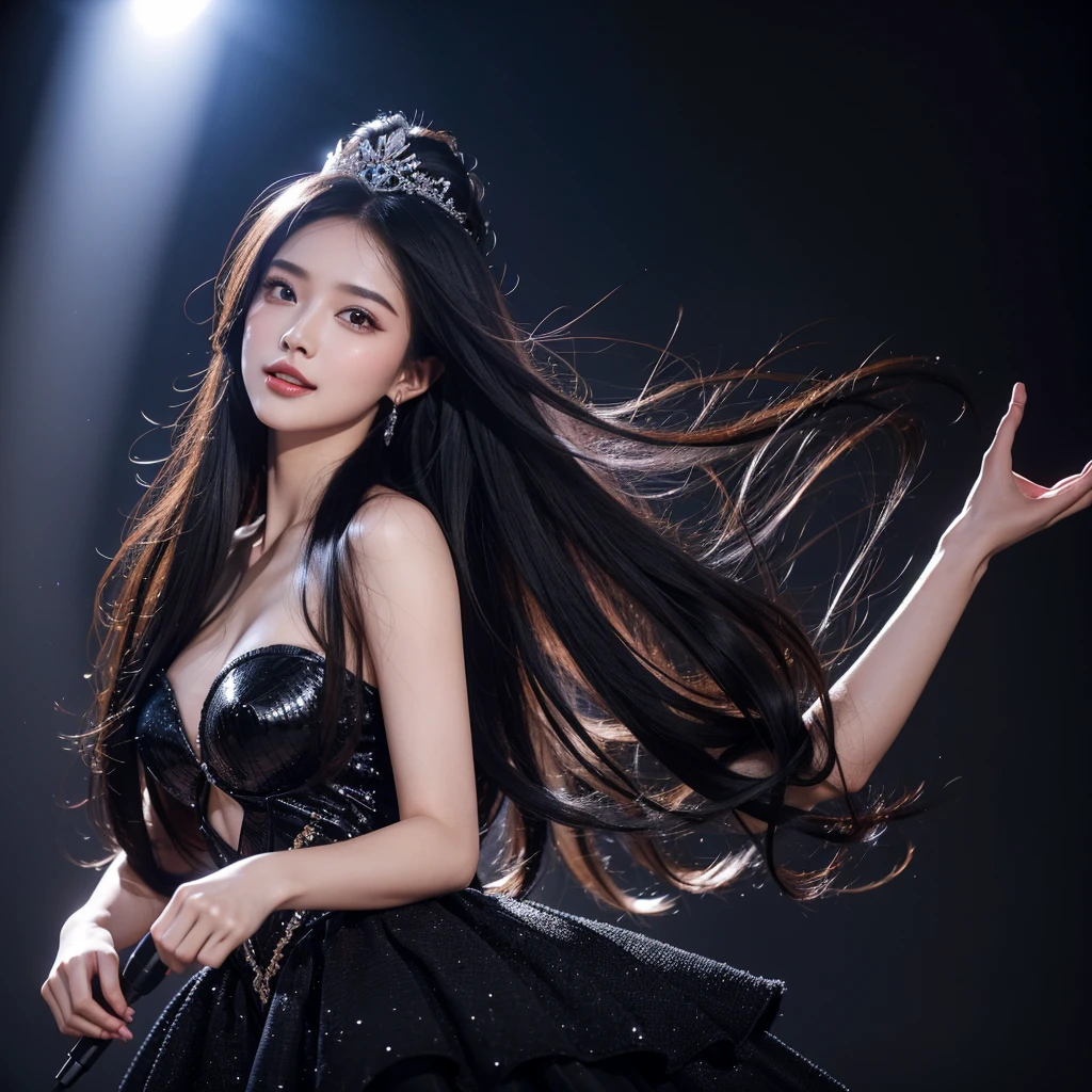 One girl, High resolution, Long Hair, Gaze, Black Hair, Headpiece, masterpiece, Highest quality, High-resolution model, Ultra high definition, Textured skin, Shiny Hair, Half-up hairstyle, chest, happiness/joy, Aperture F2.8, Singing on a microphone, Black costume, 