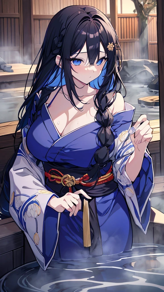 best quality, extremely detailed,anime style girl,long hair down to the waist, straight hair, ((dark black hair with bluish)),braid,beautiful detailed eyes, pinched eyes, (dark blue eyes),huge breasts,curvy,kimono,clothing with complex patterns,hair ornament,((((hot spring)))),cool expression,dynamic angle