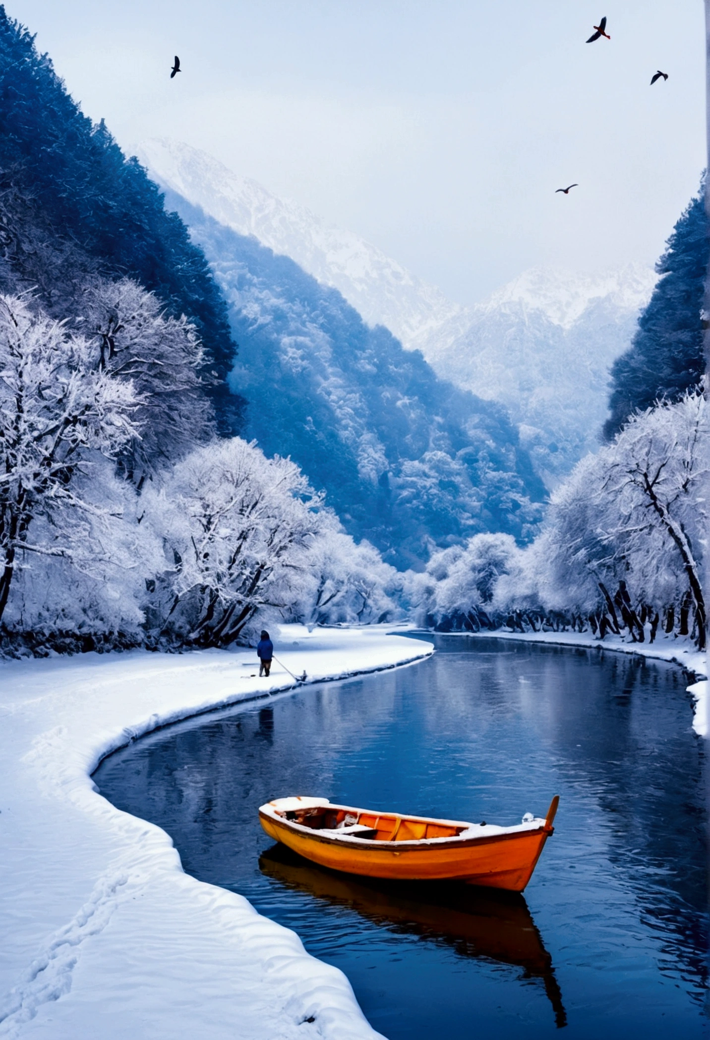 A thousand mountains and birds flew away, and thousands of people disappeared. boat, fishing alone in the cold river and snow, city, cars in snow.