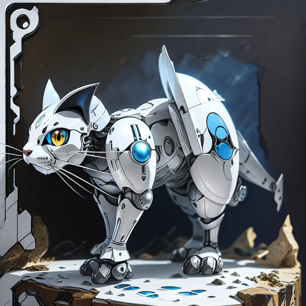 cat wearing armor suit, silver and blue body, full body, simple background, white background, masterpiece, pokemon, (illustration:1.5), anime, yellow eyes, 