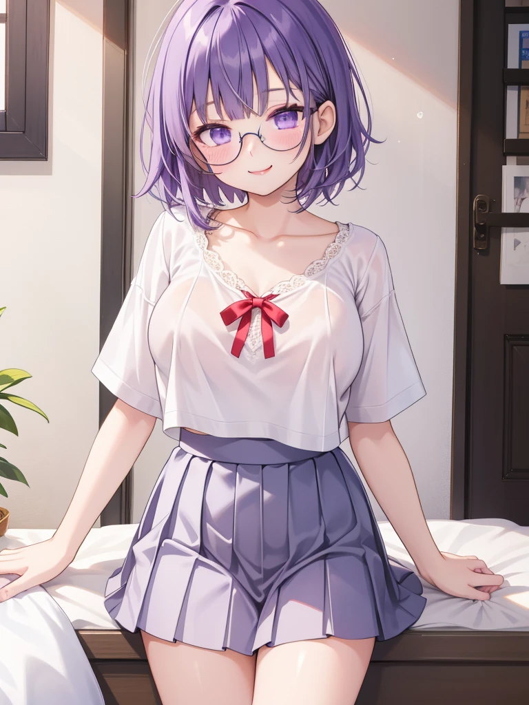 1girl, cowboy shot,porn, smile, glasses, 
nitengojigen_ririsa, purple eyes, purple hair, short hair, bangs, lace underwear, short sleeves, Show your breasts,sex, pleated skirt, best quality, masterpiece, highres, sleep position,