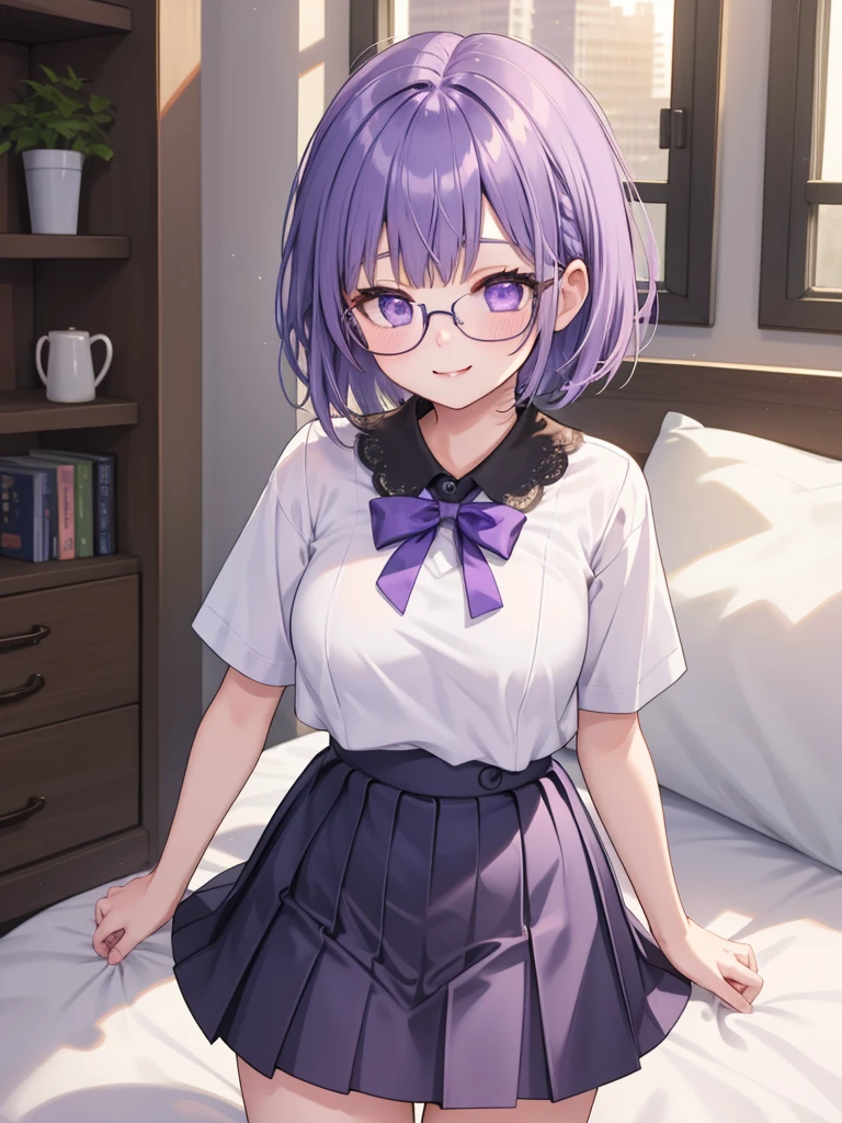 1girl, cowboy shot,porn, smile, glasses, 
nitengojigen_ririsa, purple eyes, purple hair, short hair, bangs, lace underwear, short sleeves, Show your breasts,sex, pleated skirt, best quality, masterpiece, highres, sleep position,