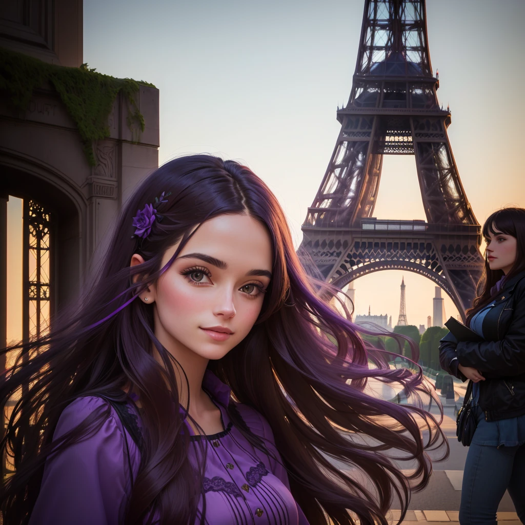 cropped woman with long hair and a purple dress in front of the Eiffel Tower, French girl, portrait de paris, photo d'a pretty woman, beautiful model, belle image de portrait, beautiful model girl, portrait sophie mudd, portrait doux 8 k, photographie portrait 4k, beautiful girl model, photographie de femme européenne, irina french, with eiffel view