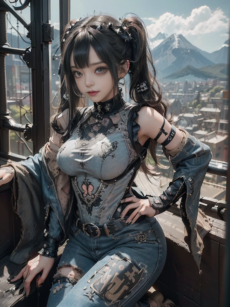 (Full Body View:1.2)、(Full body:1.3)、(Smiling with teeth showing:1.3),(Shibuya Gal:1.5)、(Beautiful:1.3)、(Gothic Lolita style fashion:1.5)、(Punk RockVisual Kei:1.5)、(Wearing a rhythmic gymnastics bodysuit with intricate details:1.4)、(Racing suit and pants with intricate decoration in beige, denim and charcoal:1.5)、(Denim and black and brown boots:1.3)、((belt))、(Numerous delicate logo marks all over the costume:1.4)、(collar:1.3)、(Polka dot underwear:1.5)、20-year-old、NSFW、((Highest quality、In 8K、masterpiece:1.3))、Sharp focus:1.2、(Layered Cut、Huge boobs:1.1),Beautiful woman with perfect figure:1.4、(do a gravure pose:1.3)、Slender Abs:1.2、Highly detailed face and skin texture、Detailed eyes、double eyelid,(Twin tails:1.3)、(Black brown hair:1.3)、Gravure idol、(The background is a vast mountain々Beautiful European tourist destinations:1.3)、(Slim Body:1.3),(Make your legs thinner:1.4),（clavicle:1.1）