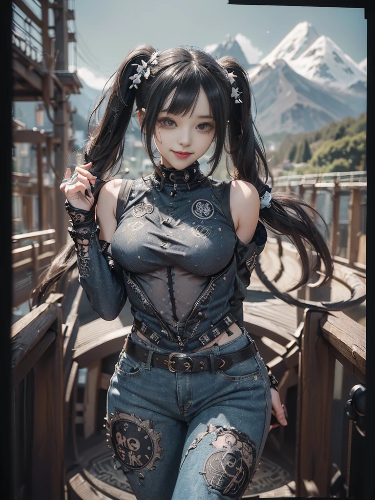 (Full Body View:1.2)、(Full body:1.3)、(Smiling with teeth showing:1.3),(Shibuya Gal:1.5)、(Beautiful:1.3)、(Gothic Lolita style fashion:1.5)、(Punk RockVisual Kei:1.5)、(Wearing a rhythmic gymnastics bodysuit with intricate details:1.4)、(Racing suit and pants with intricate decoration in beige, denim and charcoal:1.5)、(Denim and black and brown boots:1.3)、((belt))、(Numerous delicate logo marks all over the costume:1.4)、(collar:1.3)、(Polka dot underwear:1.5)、20-year-old、NSFW、((Highest quality、In 8K、masterpiece:1.3))、Sharp focus:1.2、(Layered Cut、Huge boobs:1.1),Beautiful woman with perfect figure:1.4、(do a gravure pose:1.3)、Slender Abs:1.2、Highly detailed face and skin texture、Detailed eyes、double eyelid,(Twin tails:1.3)、(Black brown hair:1.3)、Gravure idol、(The background is a vast mountain々Beautiful European tourist destinations:1.3)、(Slim Body:1.3),(Make your legs thinner:1.4),(clavicle:1.1)