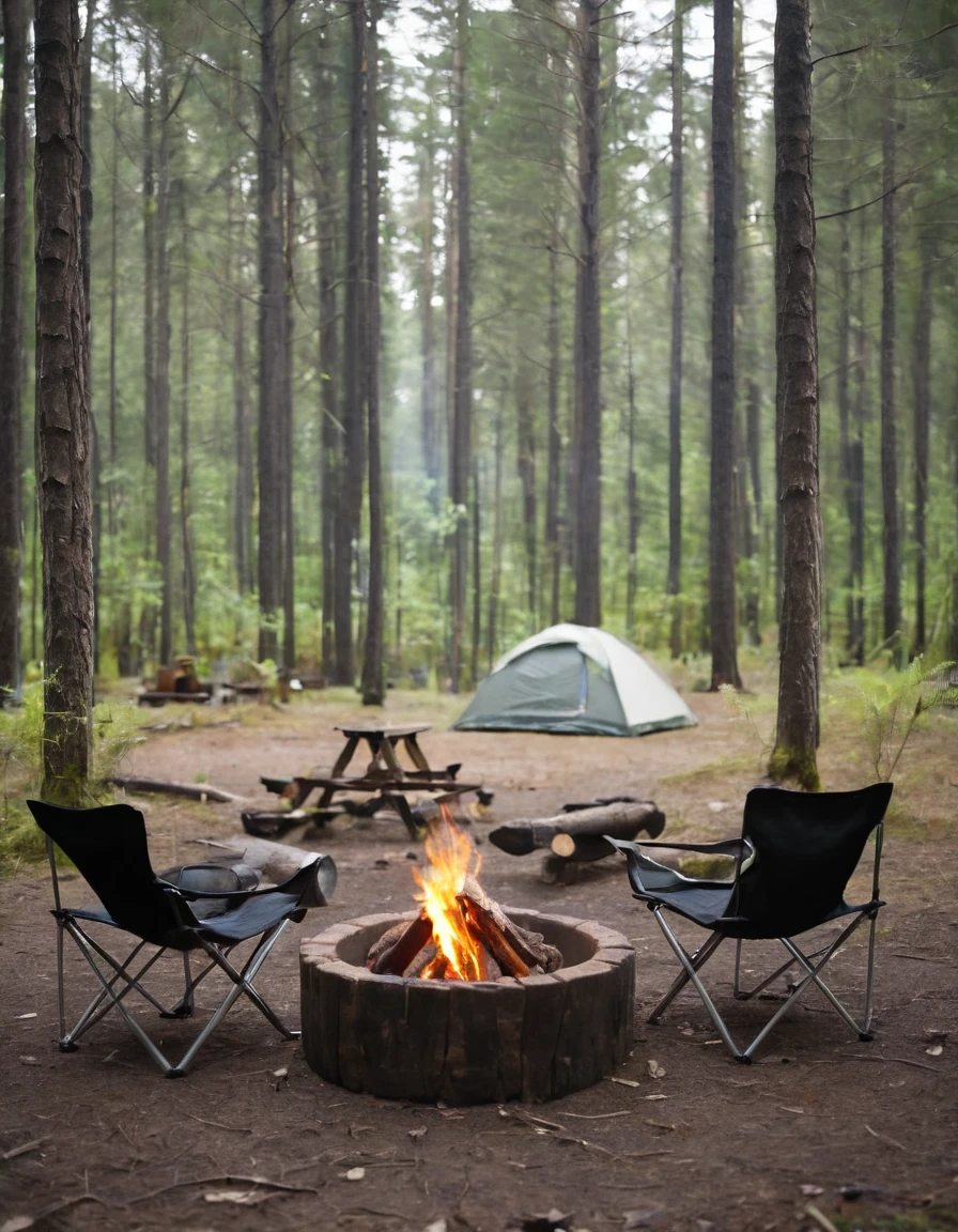 a close up of a tent and chairs in a forest, camping, at a campfire in the forest, barrel fires and tents, camp fire, peaceful environment, campfire in background, relaxing environment, campsites, setting in nature, campfire, glamping, sitting in the forrest, outdoors setting, outdoors, evening!! in the forest, in serene forest setting, outdoor campfire pit