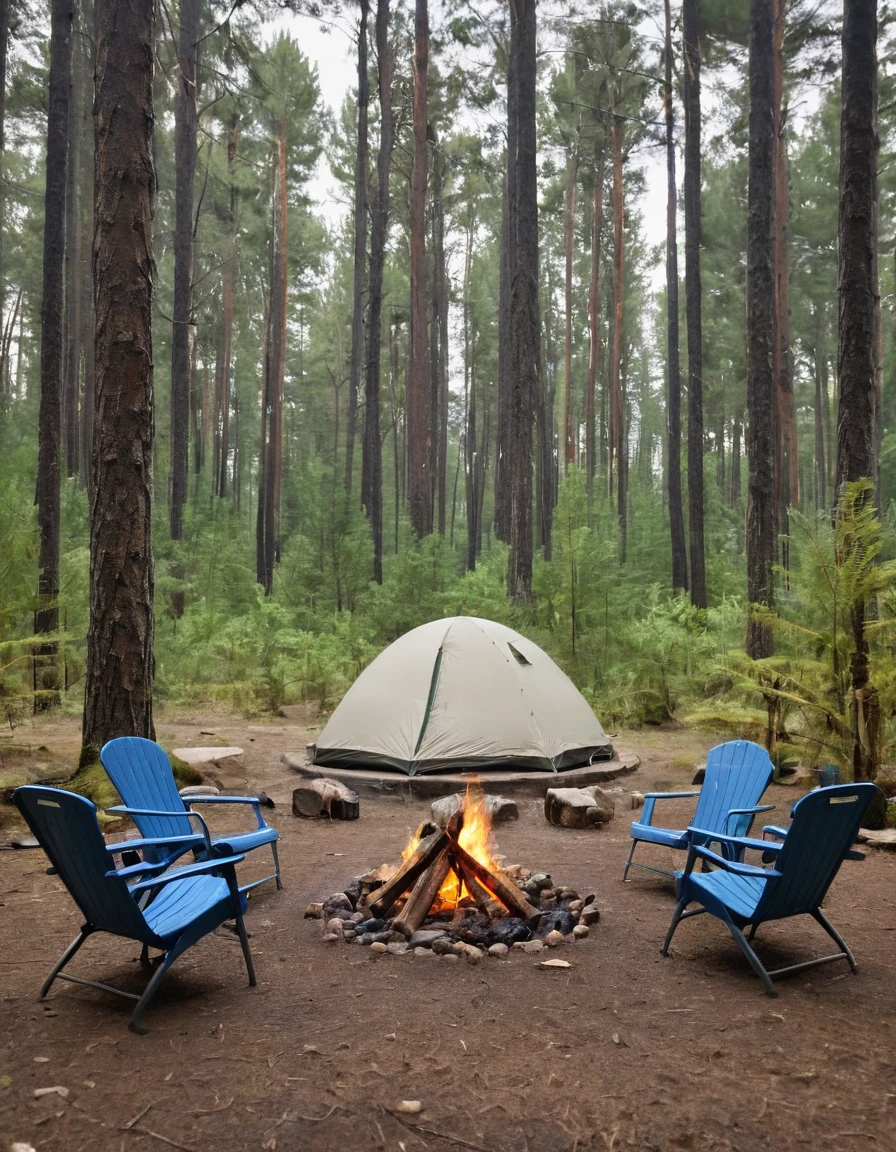 a close up of a tent and chairs in a forest, camping, at a campfire in the forest, barrel fires and tents, camp fire, peaceful environment, campfire in background, relaxing environment, campsites, setting in nature, campfire, glamping, sitting in the forrest, outdoors setting, outdoors, evening!! in the forest, in serene forest setting, outdoor campfire pit