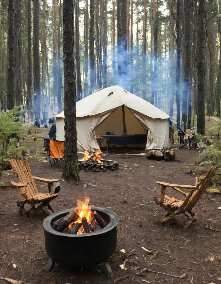 a close up of a tent and chairs in a forest, camping, at a campfire in the forest, barrel fires and tents, camp fire, peaceful environment, campfire in background, relaxing environment, campsites, setting in nature, campfire, glamping, sitting in the forrest, outdoors setting, outdoors, evening!! in the forest, in serene forest setting, outdoor campfire pit