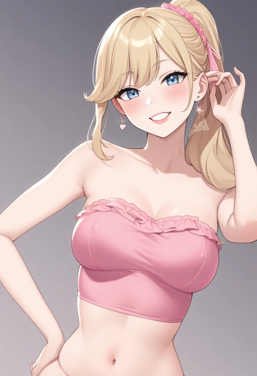 Woman, light blonde hair, pale blue eyes, rosy cheeks, lipgloss, solo, smiling, sassy, bright smile, pink strapless crop top, high side ponytail, light blonde eyebrows, delicate, flat, feminine, pastel pink, posing, flirty, childish, sexy, cute, no breast, lips, flirty, tucking hair behind her ear