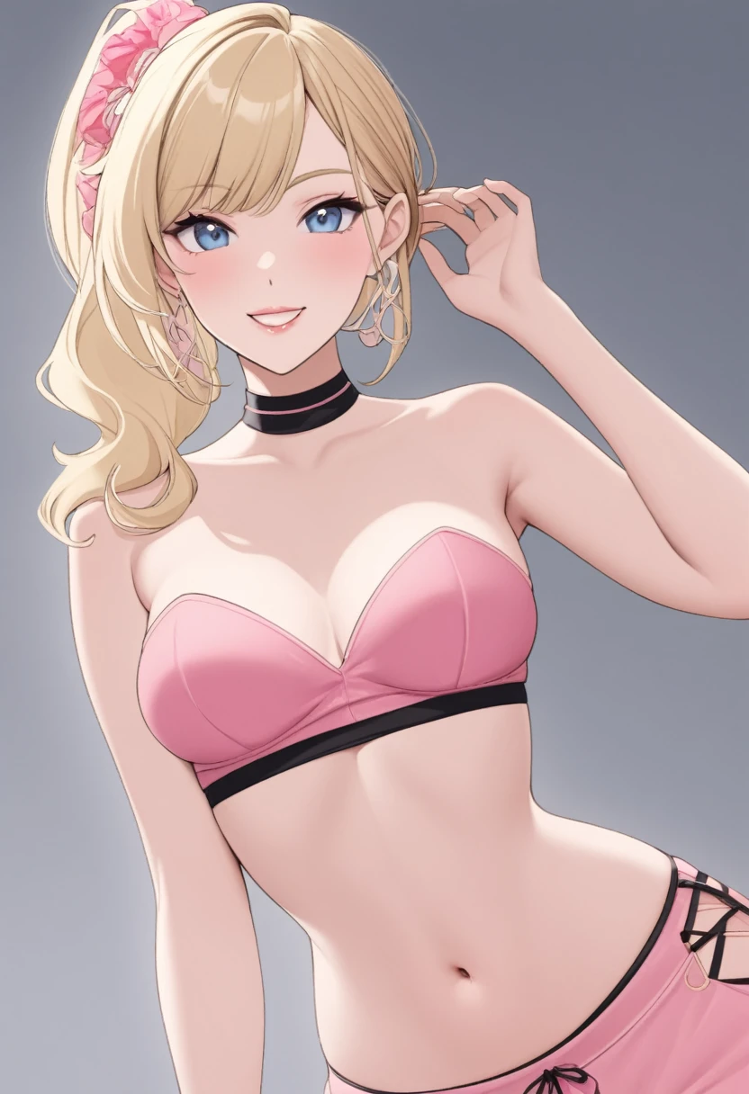 Woman, light blonde hair, pale blue eyes, rosy cheeks, lipgloss, solo, smiling, sassy, bright smile, pink strapless crop top, high side ponytail, light blonde eyebrows, delicate, flat, feminine, pastel pink, posing, flirty, childish, sexy, cute, no breast, lips, flirty, tucking hair behind her ear