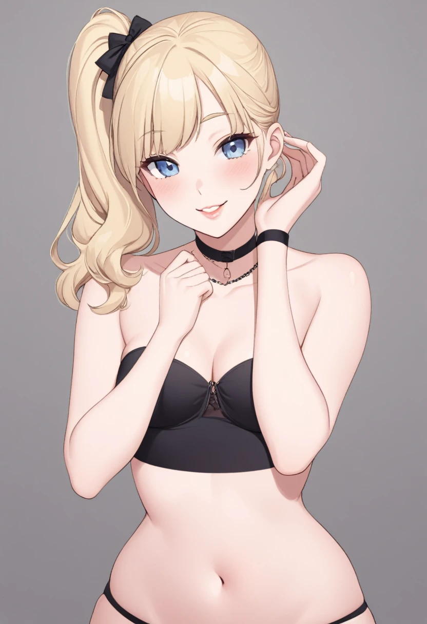 Woman, light blonde hair, pale blue eyes, rosy cheeks, lipgloss, solo, smiling, sassy, bright smile, pink strapless crop top, high side ponytail, light blonde eyebrows, delicate, flat, feminine, pastel pink, posing, flirty, childish, sexy, cute, no breast, lips, flirty, tucking hair behind her ear