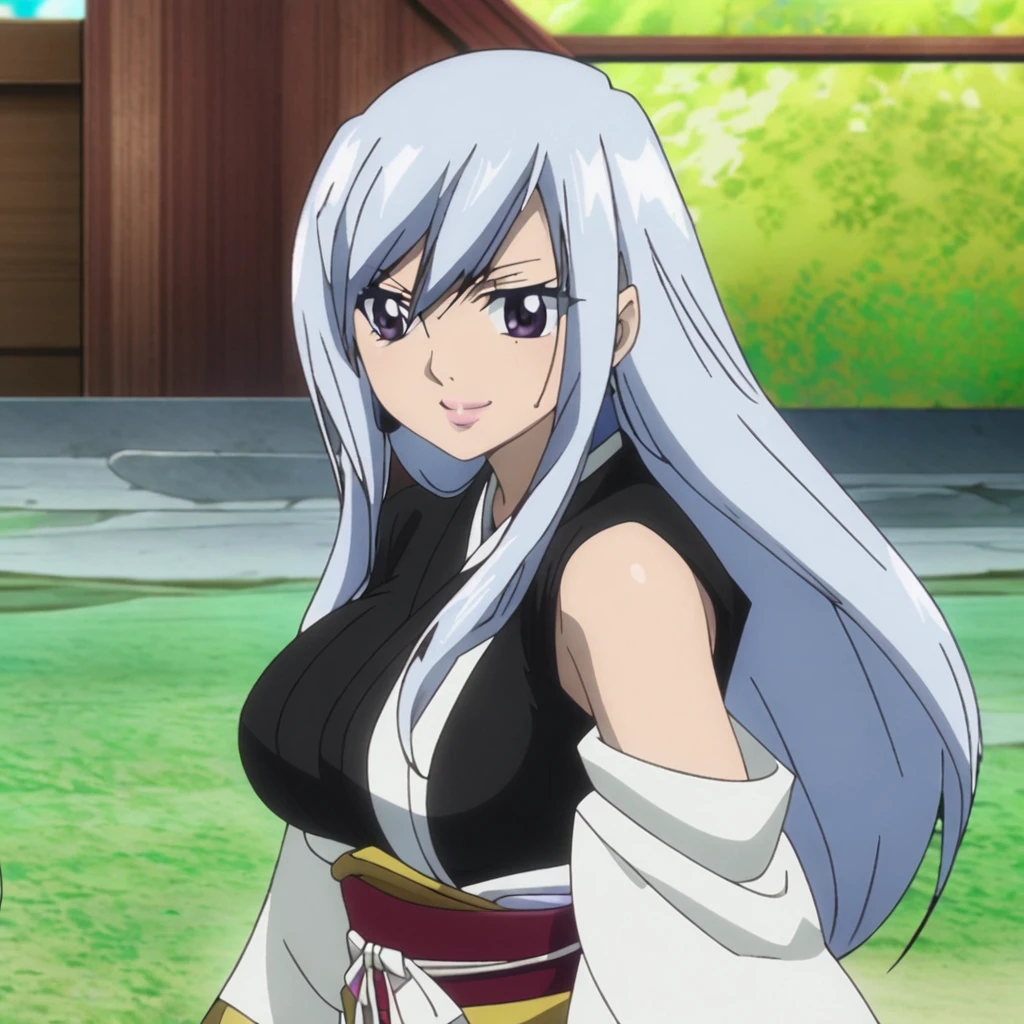 1girl, female, anime screen cap, erza from fairy tail, fairy tail anime artstyle , solo, long_hair,  ((White_hair)), sunny, upper_body, smile, lips, (long hair) ((wearing Japanese Cloths)) breast, "very detailed and high resolution"  ((solo)) (((front view))) (earings) ((high resolution)) ((good quality)) ((silky hair)) 