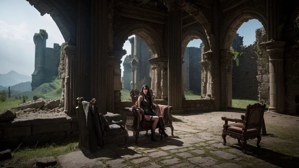 Top quality fantasy evil throne shoot from front, looking side background is the interior of a ruined castle