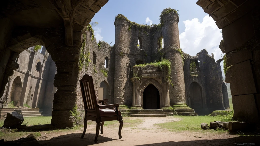 Top quality fantasy evil throne shoot from front, looking side background is the interior of a ruined castle
