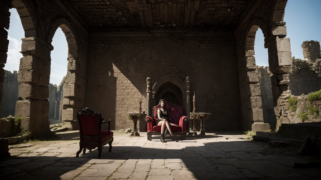 Top quality fantasy evil throne shoot from front, looking side background is the interior of a ruined castle