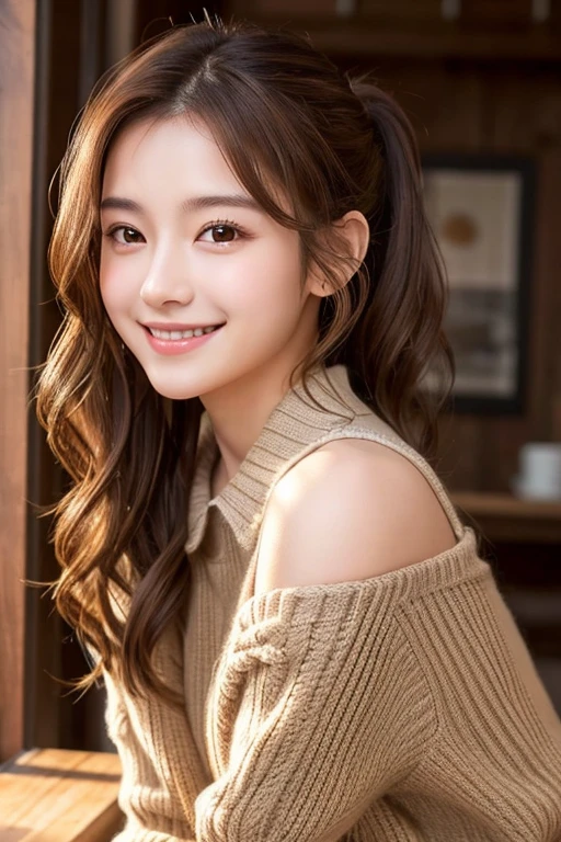 A young woman with shoulder-length, wavy brown hair tied in a loose ponytail、She is wearing a plaid shirt and a he is smiling brightly、Have a naturally glowing skin。The background is softly lit、Creating a warm and comfortable atmosphere。The overall mood is、It's bright and calm。Please use photo-realistic images。