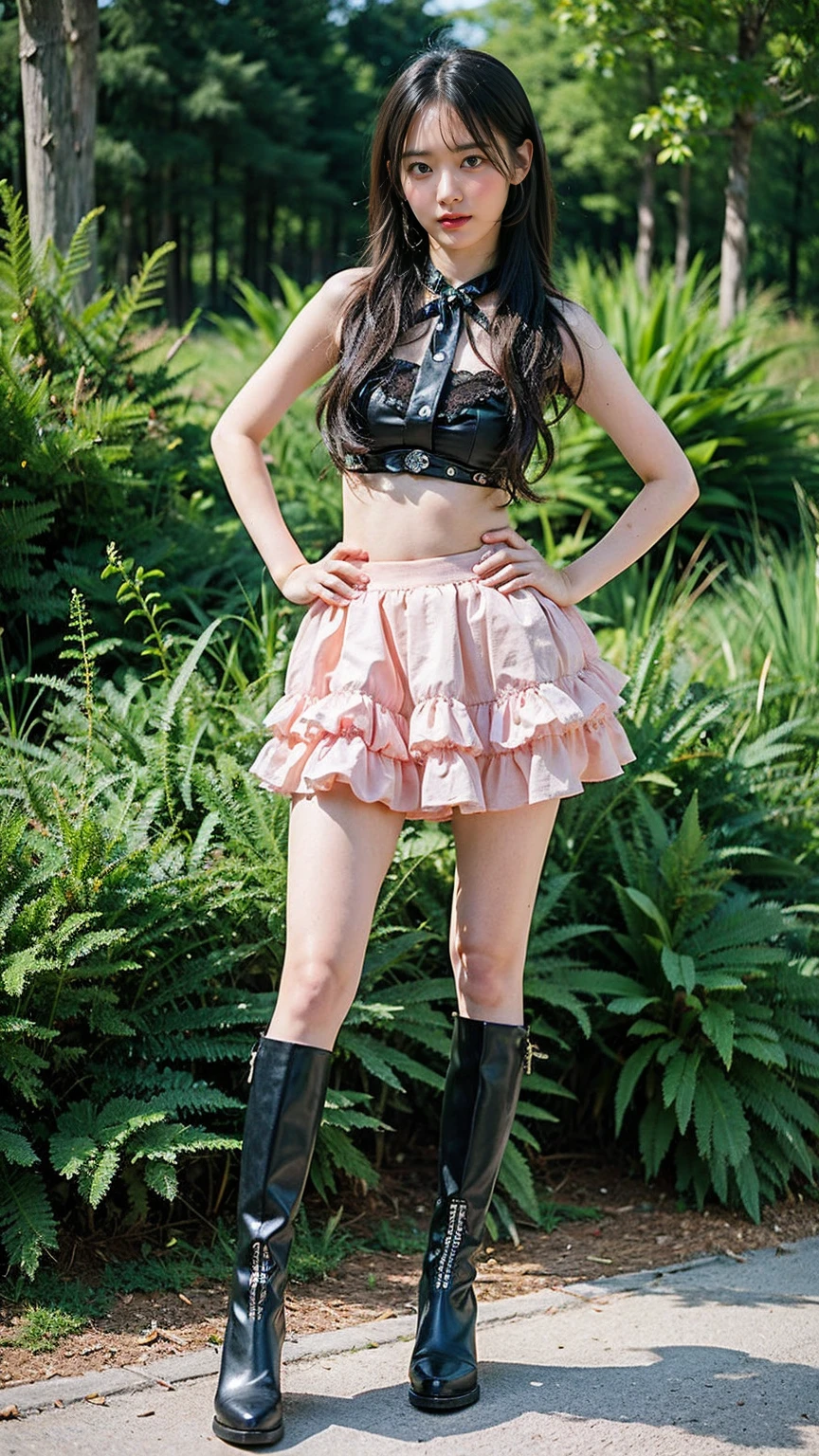(8k、RAW Photos、Highest quality、masterpiece:1.2)、(Highest quality、Realistic)、1 Girl、((Frills、Blonde、Pink mini skirt、Idol Costume、Belly button、ribbon、See-through、black、lame、Thin legs、whole body、boots、garden、View from the front、Looking into the camera、Stand with hands on hips))、cute
