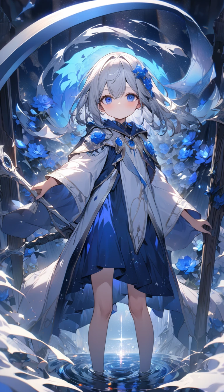 Highest quality,masterpiece,Detailed Details,Super detailed,colorful,The background is dark blue water,Transparency,Use HDR technology to create a sense of depth,beautiful,beautiful自然,Sacred atmosphere,8-year-old girl,Alone,Wearing starry wizard robes,Stand in the center of the screen,The whole body faces this way,Look diagonally forward to the left,Wields a scythe made from a blue gem,Narrow and gentle eyes,mysterious,Silver hair decorated with blue flowers,Fantasy atmosphere,beautiful虹色の蝶々is flying in the air