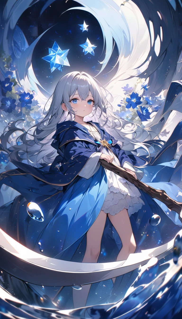 Highest quality,masterpiece,Detailed Details,Super detailed,colorful,The background is dark blue water,Transparency,Use HDR technology to create a sense of depth,beautiful,beautiful自然,Sacred atmosphere,,Alone,Wearing starry wizard robes,Stand in the center of the screen,The whole body faces this way,Look diagonally forward to the left,Wields a scythe made from a blue gem,Narrow and gentle eyes,mysterious,Silver hair decorated with blue flowers,Fantasy atmosphere,beautiful虹色の蝶々is flying in the air