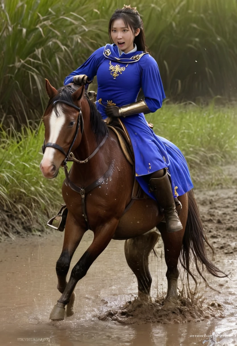 (((masterpiece))),(((Highest quality))),((Tabletop:1.4, Highest quality)), (Realな写真:1.4), in the muddy river,dirty swamp,horse ridden by girl fall over swamp,Sweaty girl,
((1 cute girl knight)),rodeo,horse standing,Surprised face,stumble,aggressive,slouch,horse standing, prancing horse in pitfall,cute,Napoléon horse sliped in pitfall,in the pitfall,Uplifting,Knight Princess,
(超High resolution:1.2),, wonderful, Very detailed CG Unity 8k wallpaper, Very detailed, High resolution,fat horse ridden by japanese girl,Double,Royal blue armor, cape and crown,Soaking in the swamp,Mud Splash,
Soft Light, Beautiful detailed girl, Droopy eyes,Very detailedな目と顔, Beautiful and exquisite nose, Beautiful and exquisite, horse ridden by a girl can't stand up because its drowned in the sticky muddy pitfall:10.0 ,Displeased face:4.0,Real,Stir,Anatomically correct,action horse riding scene while struggle fighting