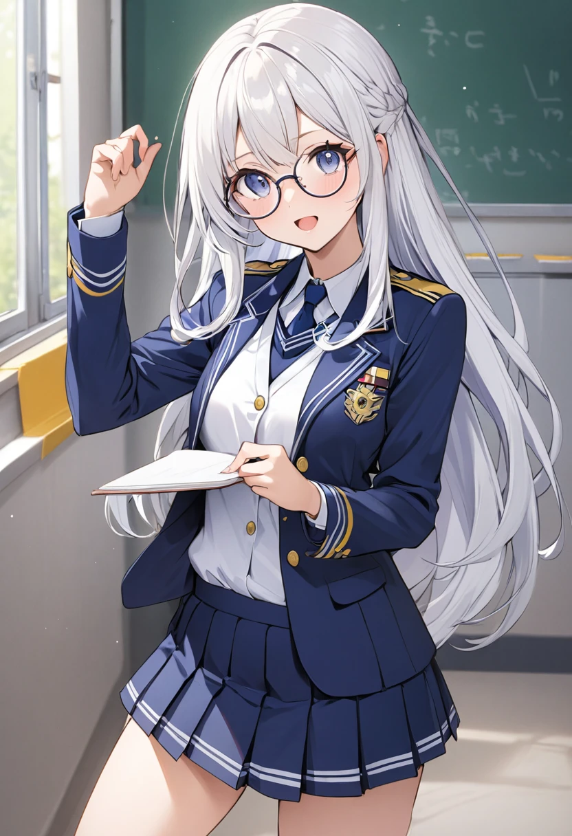 girl(Round Glasses、uniform(Navy Blue、Short skirt)、White long hair、School