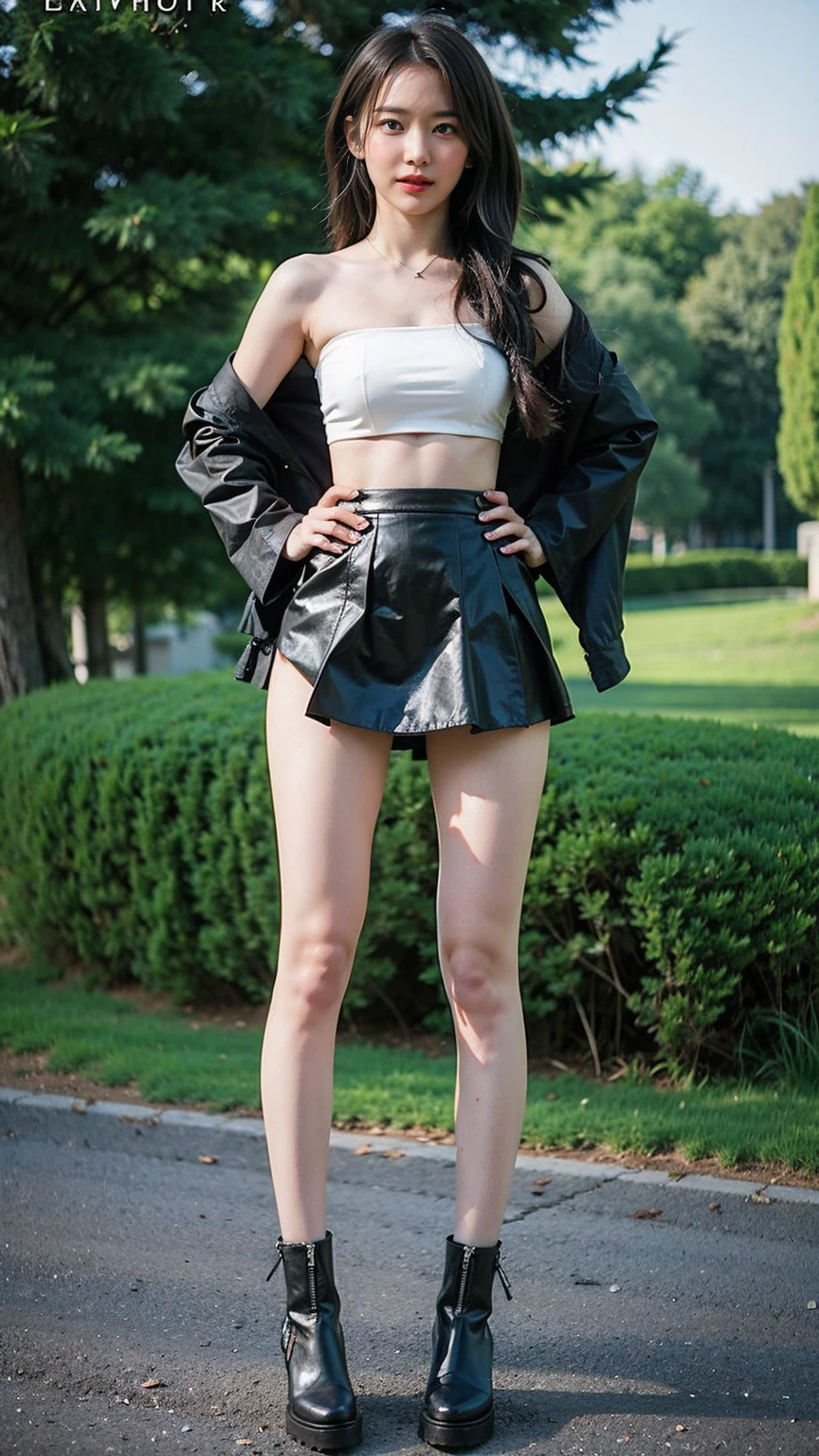 (8k、RAW Photos、Highest quality、masterpiece:1.2)、(Highest quality、Realistic)、1 Girl、((Tube top、mini skirt、Idol Costume、ribbon、See-through、black、lame、Thin legs、whole body、boots、garden、View from the front、Looking into the camera、Stand with hands on hips))、cute