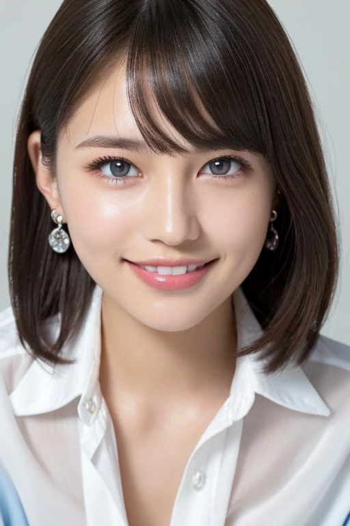 (High resolution、High resolution、high quality、High resolution、Draw everything in high resolution)、Vivid crystal light blue eyes、Very small diamond-shaped earrings、Look straight at the camera、Listen carefully、light in your eyes、droppy big eyes,Beautiful very short black hair、Beautiful hair with beautiful and very short bangs、Straight beauty Bang、Beautiful neckline、Beautiful 28 years old、Lip gloss、Long neck、smile、Beautiful teeth alignment、beauty、Beautiful woman、Pure white open-collar business shirt、A pure white business shirt with an open chest、medium breasts,cleavage,Lengthen the left and right ends of your bangs、Beautiful composition、Beautiful Supermodel、Naked from the waist up,(looseroom,loose:1.25)