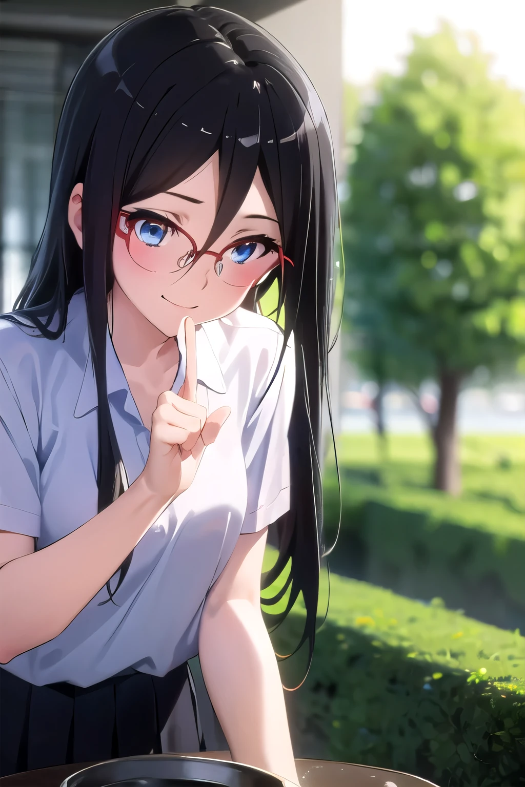 คุณภาพดีatสุด, Masterpiece, high res, alone, {Thanaka_Asuka_euphonium sound:1.15} (park:1.13), , black_hair, long_hair, glasses, light blue_eyes, Blush, red frame_glasses, beyond the edge_glasses, semi borderless_glasses, hair_between_eyes, 1 girl,  look_at_viewer, smile,  (High school student uniform),white short sleeve shirt,(กระโปรงlongจับจีบblack:1.2),long hair,hair_floating,ฉากatน่าทึ่ง
 