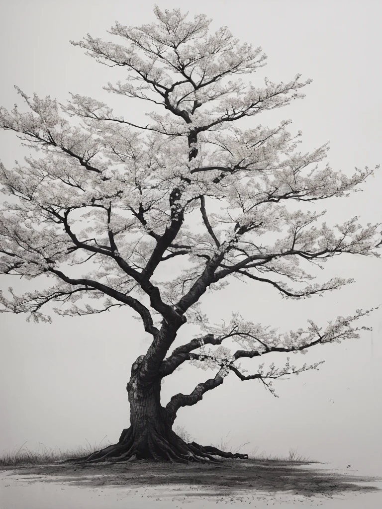 Penmanship,one cerry blossom big tree,monochrome,old painting,white background