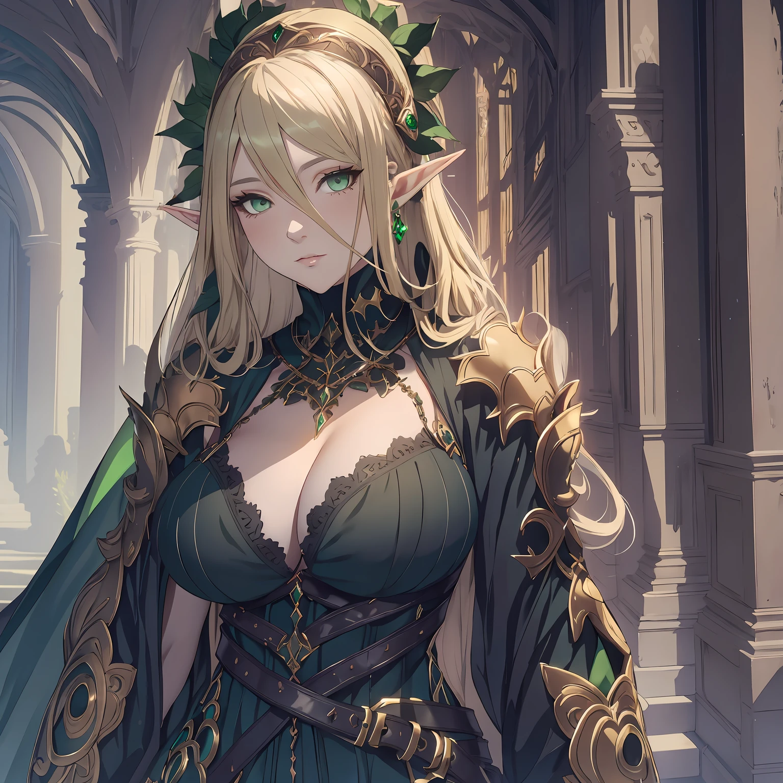 masterpiece, best quality, good quality, Fantasy aesthetics, Highly detailed, shadowverse style, female, elf, green eyes, golden hair