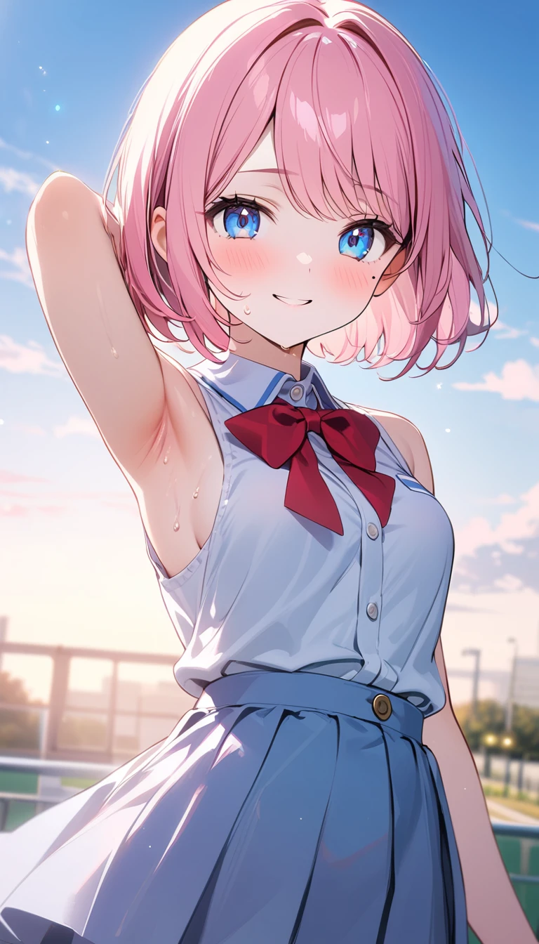 (1 girl),(Best Picture Quality, 8K, Masterpiece:1.3), (high school student:1.5), ((pink lob hair:1.1)), (bob cut),(swept bangs), (cute eyes, pupil black, iris skyblue, youthful face), (mole under right eye), (standard weight), (small breasts), (glistening skin:1.1),(pale skin:1.2),((showing armpits)),((sleeveless shirt)),(Smile),(sweat),