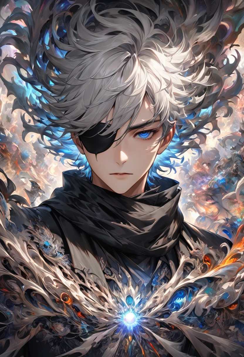 ( 正確Perfect anatomical structure )一名身穿黑色衬衫的男孩載 Single eye black eyepatch ( Single eye black eyepatch)、scarf, gray hair, Close up high dynamic range of man with spiky hair and white hair pointing gun forward dynamic sniper ( perfect anatomy ) Aim forward and emit bright light ( Perfect anatomical structure ) Handsome black jacket blue silver shiny swirling high dynamic vortex around man, Vortex Dynamic Masterpiece Perfect Composition Intricate Details Meticulous Digital Art