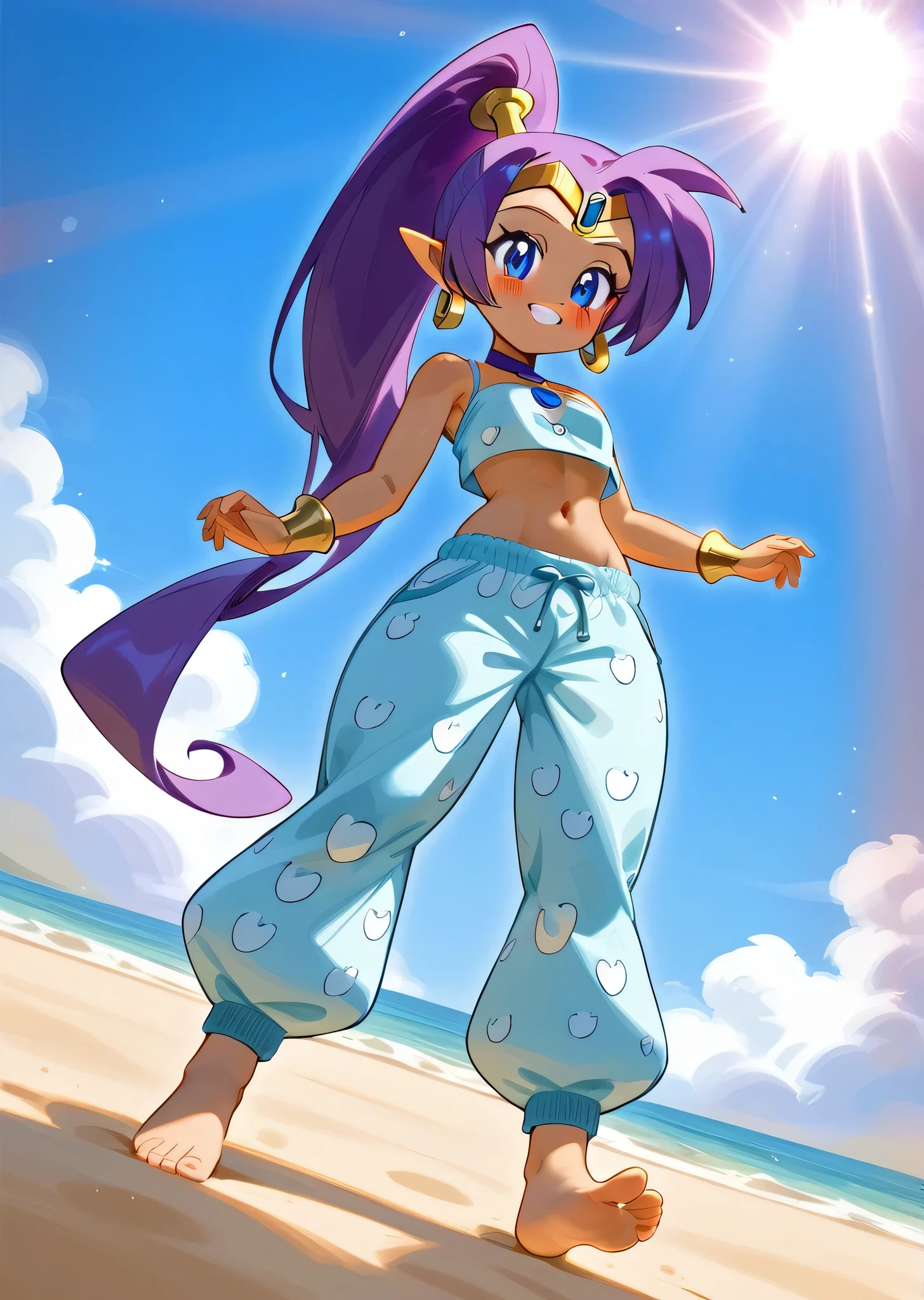 [Shantae], ((masterpiece)), ((HD)), ((high res)), ((solo portrait)), ((full body)), ((low angle view)), ((feet visible)), ((foot focus)), ((detailed shading)), ((intricate details)), {attractive girl, (dark skin tone), (brown skin), (purple hair), (spiky bang), (long ponytail), (cute blue eyes), (curvy hips), (defined muscles), (beautiful legs), (cute soft feet), (blushing), (cute grin)}, {(light blue puffy pajama pants), (light blue crop top), (navel)}, {(standing on sand), (looking at viewer)}, [ambient lighting, beach, sun rays]